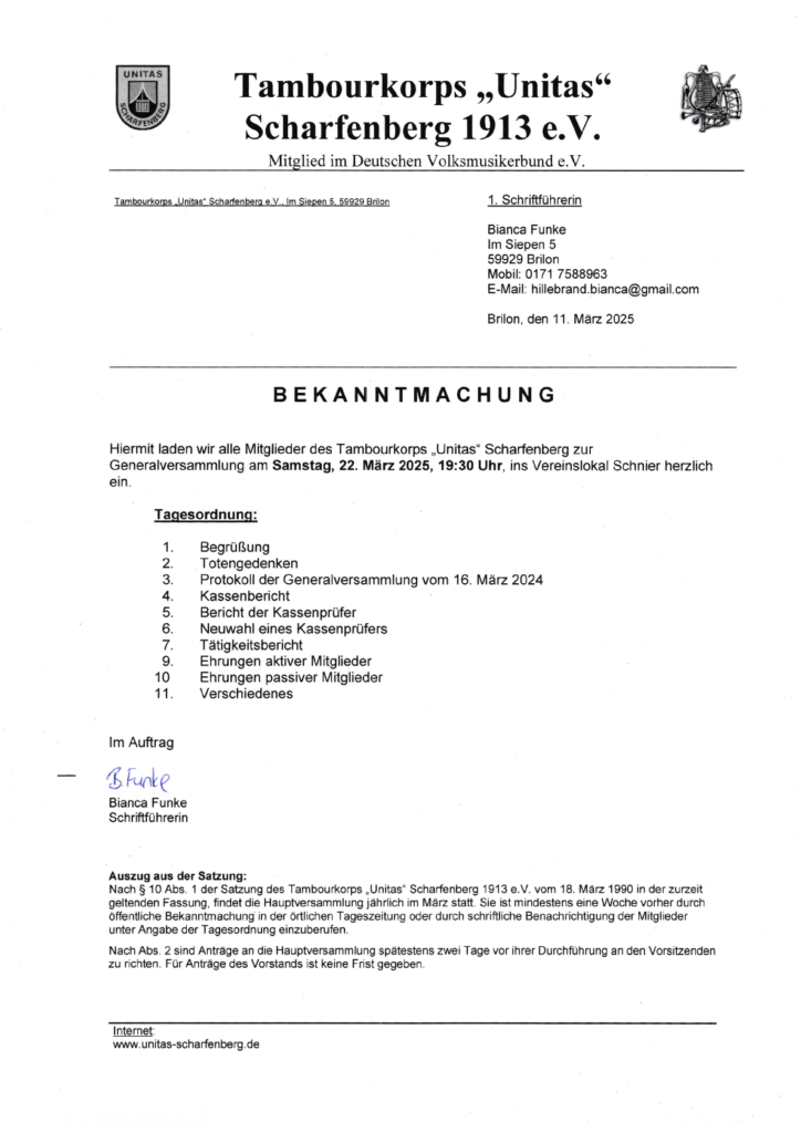 Einladung Generalversammlung Tambourkorps Unitas Scharfenberg 2025