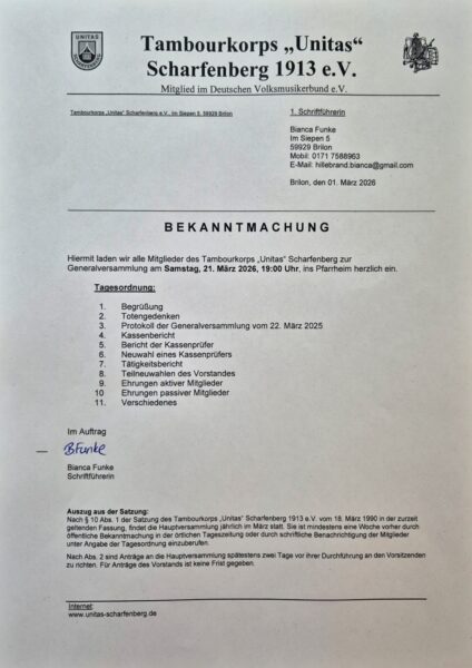 Einladung Generalversammlung Tambourkorps Unitas Scharfenberg 2026