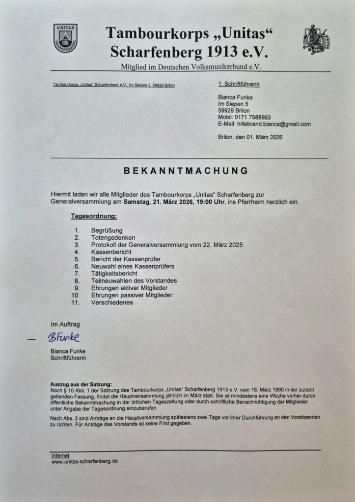 Einladung Generalversammlung Tambourkorps Unitas Scharfenberg 2026